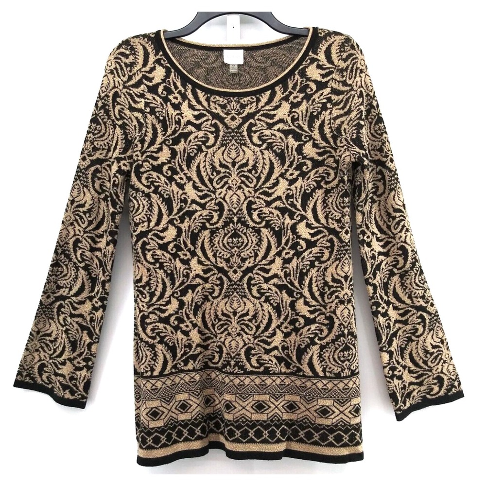 CUPIO SWEATER Gold Metallic &Black FANCY SCROLL PRINT Party Christmas Cocktail L